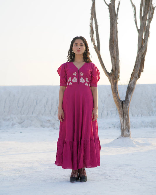 Purple Silk Maxi Dress by The Loom Art with Aurora by The Loom Art, Casual Wear, Chanderi Silk, Embroidered, July Sale, July Sale 2023, Maxi Dresses, Ombre & Dyes, Organic, Purple, Relaxed Fit, Tiered Dresses, Womenswear at Kamakhyaa for sustainable fashion