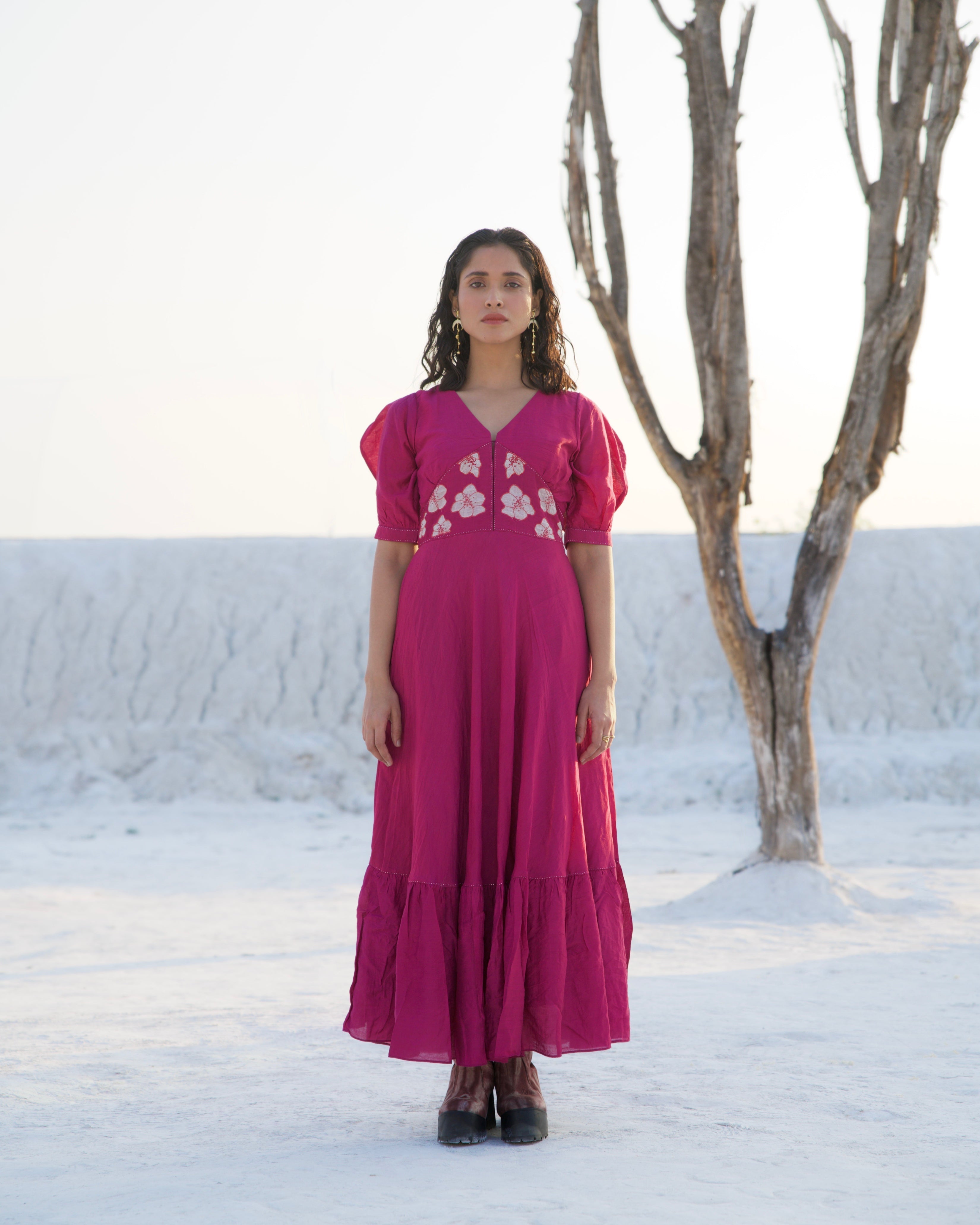 Purple Silk Maxi Dress by The Loom Art with Aurora by The Loom Art, Casual Wear, Chanderi Silk, Embroidered, July Sale, July Sale 2023, Maxi Dresses, Ombre & Dyes, Organic, Purple, Relaxed Fit, Tiered Dresses, Womenswear at Kamakhyaa for sustainable fashion