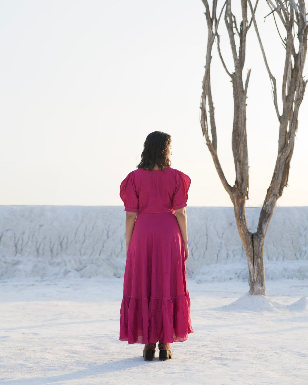 Purple Silk Maxi Dress by The Loom Art with Aurora by The Loom Art, Casual Wear, Chanderi Silk, Embroidered, July Sale, July Sale 2023, Maxi Dresses, Ombre & Dyes, Organic, Purple, Relaxed Fit, Tiered Dresses, Womenswear at Kamakhyaa for sustainable fashion