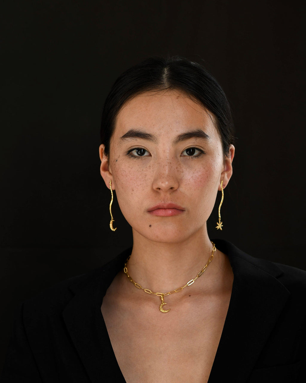 Gold Brass Moon & Star Long Earrings by The Loom Art with Brass, Cosmic Dream by The Loom Art, Fashion Jewellery, For Daughter, Free Size, Gold, Gold Plated, jewelry, Less than $50, Long Earrings, Natural at Kamakhyaa for sustainable fashion
