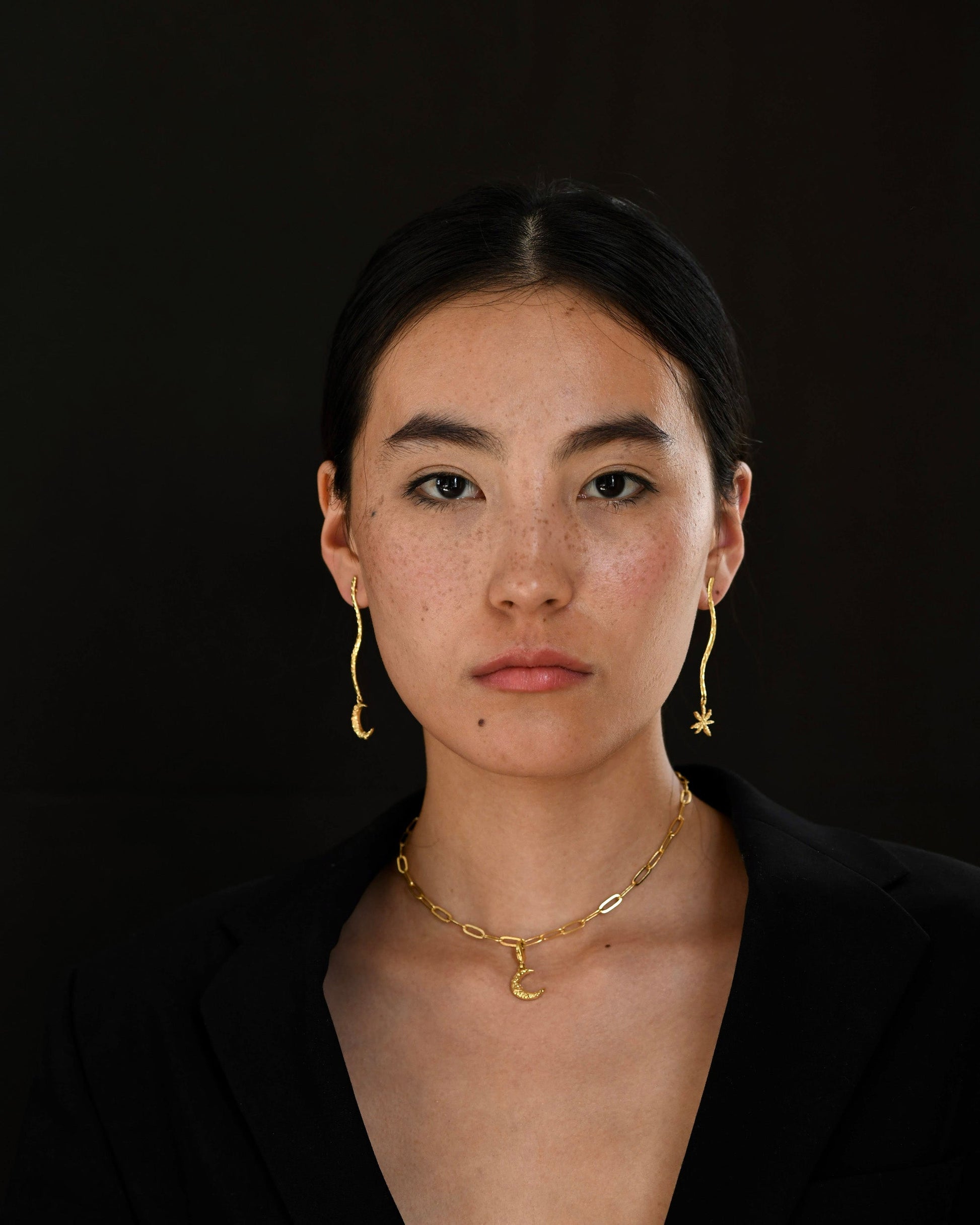 Gold Brass Moon & Star Long Earrings by The Loom Art with Brass, Cosmic Dream by The Loom Art, Fashion Jewellery, For Daughter, Free Size, Gold, Gold Plated, jewelry, Less than $50, Long Earrings, Natural at Kamakhyaa for sustainable fashion