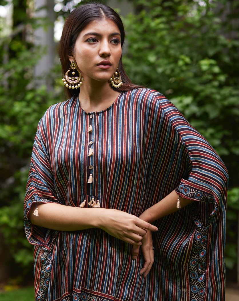 Black Striped Silk Kaftan by Mayura Kumar with Ajrakh Heritage, Black, Casual Wear, Dresses, Festive Wear, Kaftans, Mayura Kumar, Modal Silk, Prints, Relaxed Fit, Silk, Womenswear at Kamakhyaa for sustainable fashion