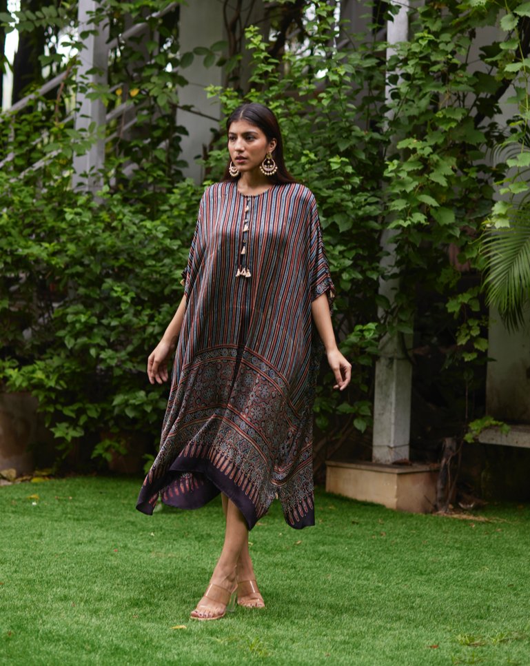 Black Striped Silk Kaftan by Mayura Kumar with Ajrakh Heritage, Black, Casual Wear, Dresses, Festive Wear, Kaftans, Mayura Kumar, Modal Silk, Prints, Relaxed Fit, Silk, Womenswear at Kamakhyaa for sustainable fashion