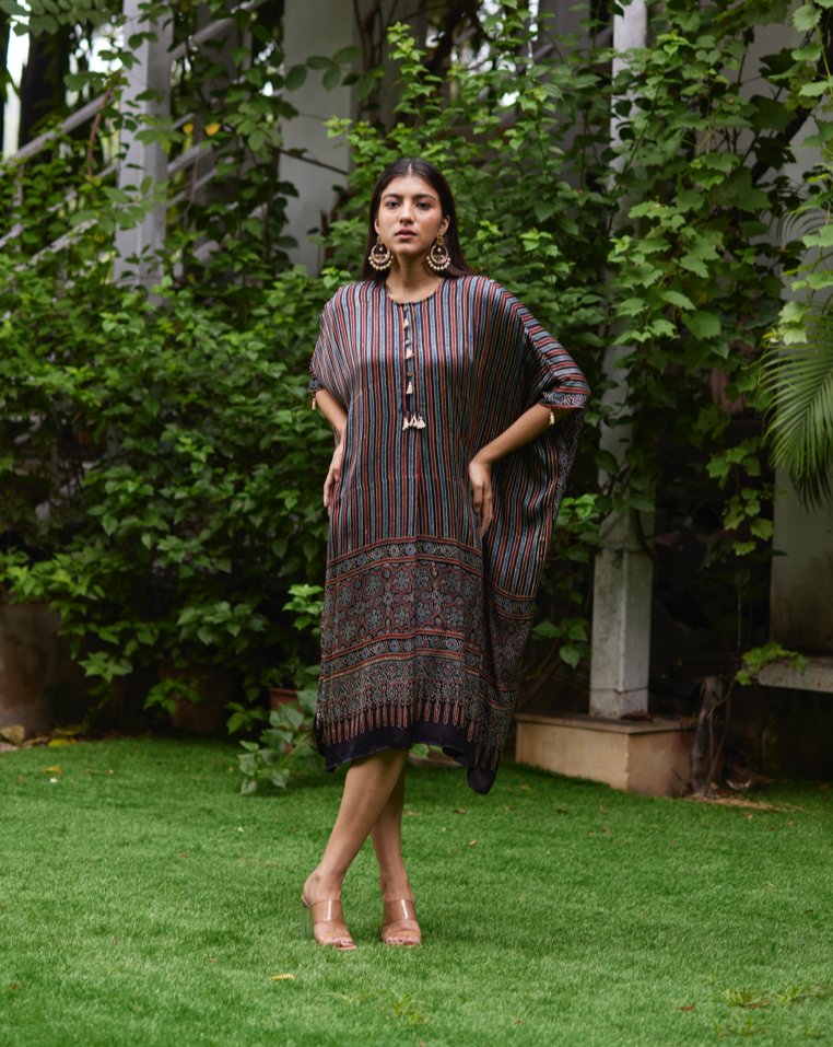 Black Striped Silk Kaftan by Mayura Kumar with Ajrakh Heritage, Black, Casual Wear, Dresses, Festive Wear, Kaftans, Mayura Kumar, Modal Silk, Prints, Relaxed Fit, Silk, Womenswear at Kamakhyaa for sustainable fashion