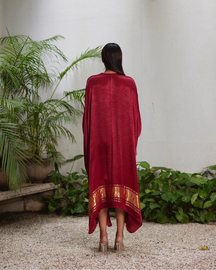 Red Silk Kaftan With Golden Border by Mayura Kumar with Ajrakh Heritage, Casual Wear, Dresses, Festive Wear, Kaftans, Mayura Kumar, Modal Silk, Red, Relaxed Fit, Solids, Womenswear at Kamakhyaa for sustainable fashion