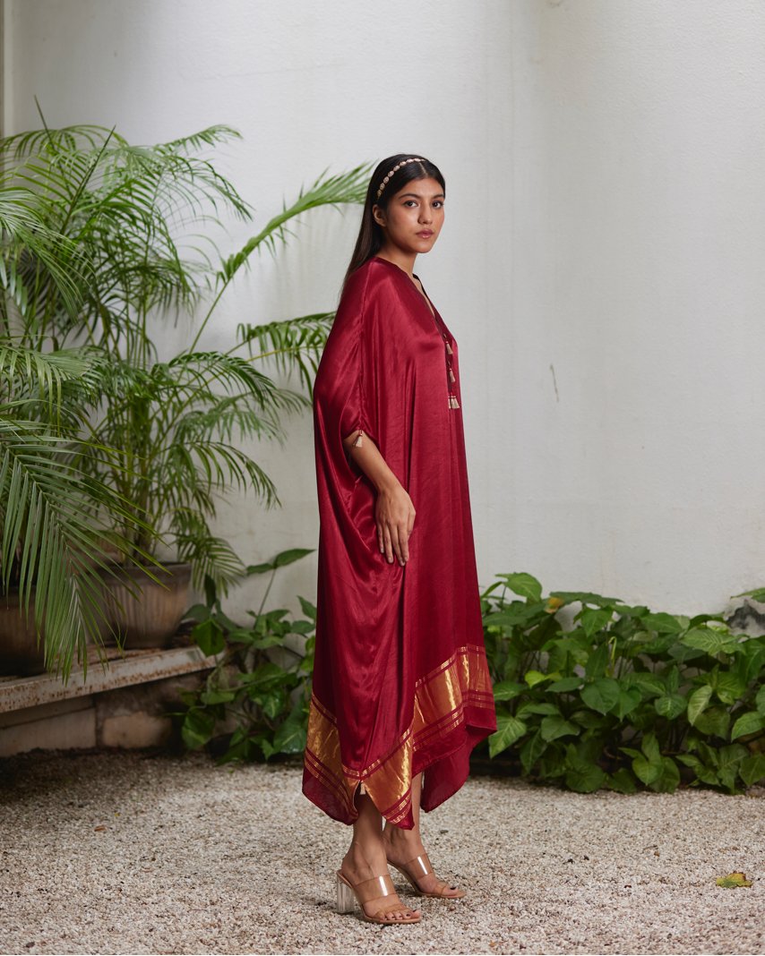 Red Silk Kaftan With Golden Border by Mayura Kumar with Ajrakh Heritage, Casual Wear, Dresses, Festive Wear, Kaftans, Mayura Kumar, Modal Silk, Red, Relaxed Fit, Solids, Womenswear at Kamakhyaa for sustainable fashion