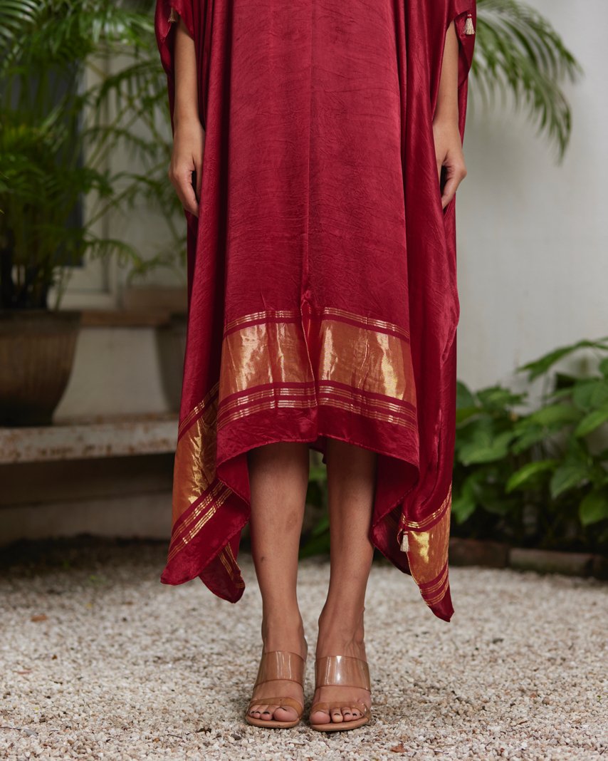 Red Silk Kaftan With Golden Border by Mayura Kumar with Ajrakh Heritage, Casual Wear, Dresses, Festive Wear, Kaftans, Mayura Kumar, Modal Silk, Red, Relaxed Fit, Solids, Womenswear at Kamakhyaa for sustainable fashion