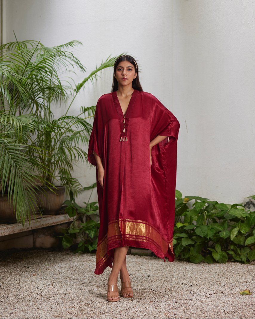 Red Silk Kaftan With Golden Border by Mayura Kumar with Ajrakh Heritage, Casual Wear, Dresses, Festive Wear, Kaftans, Mayura Kumar, Modal Silk, Red, Relaxed Fit, Solids, Womenswear at Kamakhyaa for sustainable fashion