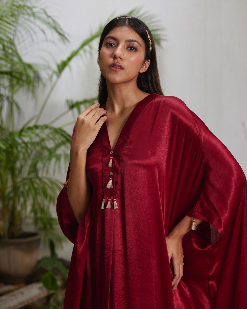 Red Silk Kaftan With Golden Border by Mayura Kumar with Ajrakh Heritage, Casual Wear, Dresses, Festive Wear, Kaftans, Mayura Kumar, Modal Silk, Red, Relaxed Fit, Solids, Womenswear at Kamakhyaa for sustainable fashion