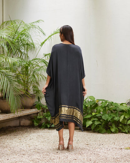 Black Silk Kaftan With Golden Border by Mayura Kumar with Ajrakh Heritage, Black, Casual Wear, Dresses, Festive Wear, Kaftans, Mayura Kumar, Modal Silk, Relaxed Fit, Solids, Womenswear at Kamakhyaa for sustainable fashion