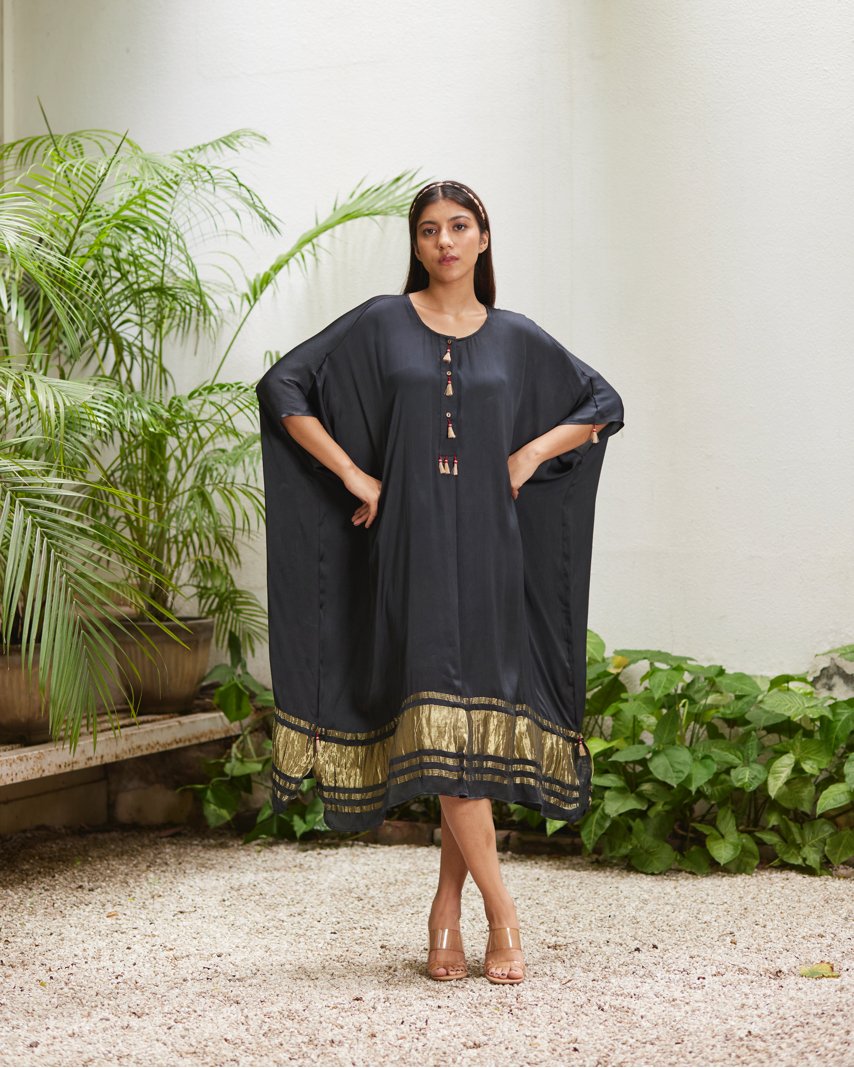 Black Silk Kaftan With Golden Border by Mayura Kumar with Ajrakh Heritage, Black, Casual Wear, Dresses, Festive Wear, Kaftans, Mayura Kumar, Modal Silk, Relaxed Fit, Solids, Womenswear at Kamakhyaa for sustainable fashion