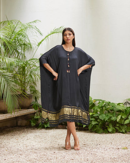 Black Silk Kaftan With Golden Border by Mayura Kumar with Ajrakh Heritage, Black, Casual Wear, Dresses, Festive Wear, Kaftans, Mayura Kumar, Modal Silk, Relaxed Fit, Solids, Womenswear at Kamakhyaa for sustainable fashion