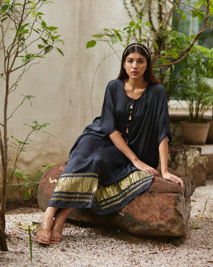 Black Silk Kaftan With Golden Border by Mayura Kumar with Ajrakh Heritage, Black, Casual Wear, Dresses, Festive Wear, Kaftans, Mayura Kumar, Modal Silk, Relaxed Fit, Solids, Womenswear at Kamakhyaa for sustainable fashion