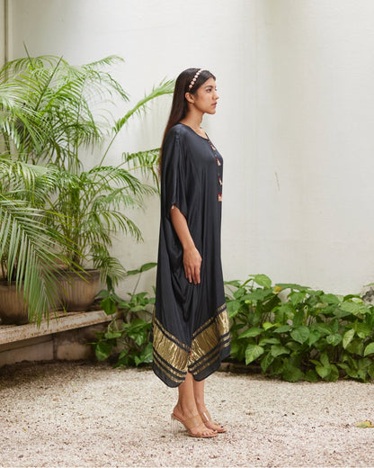 Black Silk Kaftan With Golden Border by Mayura Kumar with Ajrakh Heritage, Black, Casual Wear, Dresses, Festive Wear, Kaftans, Mayura Kumar, Modal Silk, Relaxed Fit, Solids, Womenswear at Kamakhyaa for sustainable fashion