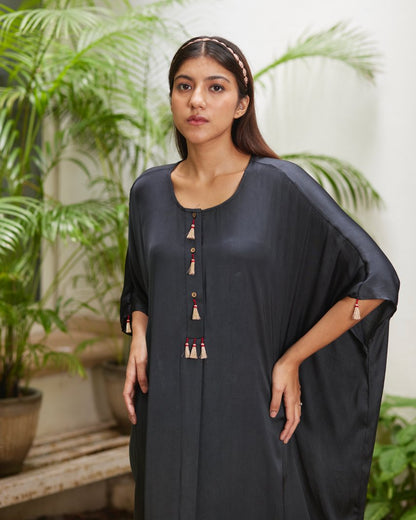 Black Silk Kaftan With Golden Border by Mayura Kumar with Ajrakh Heritage, Black, Casual Wear, Dresses, Festive Wear, Kaftans, Mayura Kumar, Modal Silk, Relaxed Fit, Solids, Womenswear at Kamakhyaa for sustainable fashion