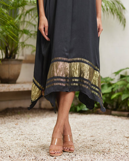 Black Silk Kaftan With Golden Border by Mayura Kumar with Ajrakh Heritage, Black, Casual Wear, Dresses, Festive Wear, Kaftans, Mayura Kumar, Modal Silk, Relaxed Fit, Solids, Womenswear at Kamakhyaa for sustainable fashion