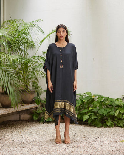 Black Silk Kaftan With Golden Border by Mayura Kumar with Ajrakh Heritage, Black, Casual Wear, Dresses, Festive Wear, Kaftans, Mayura Kumar, Modal Silk, Relaxed Fit, Solids, Womenswear at Kamakhyaa for sustainable fashion