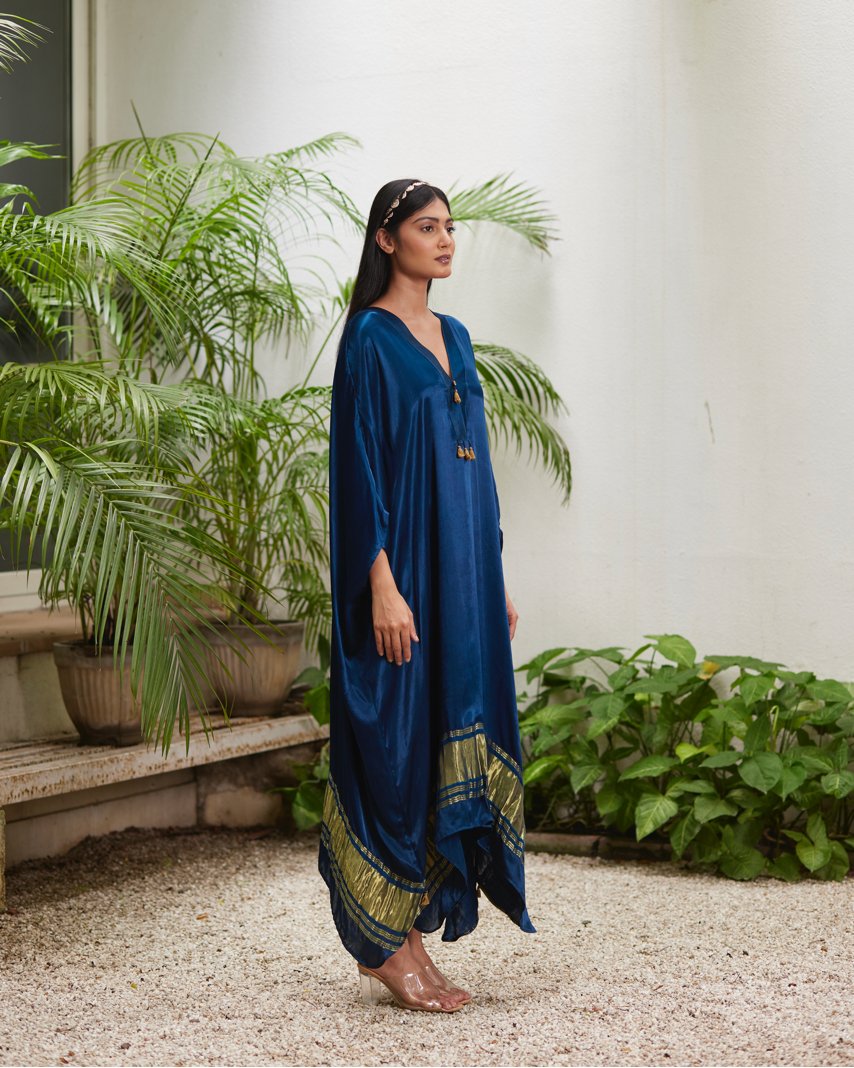 Blue Silk Kaftan With Golden Border by Mayura Kumar with Ajrakh Heritage, Blue, Casual Wear, Dresses, Festive Wear, Kaftans, Mayura Kumar, Modal Silk, Relaxed Fit, Solids, Womenswear at Kamakhyaa for sustainable fashion