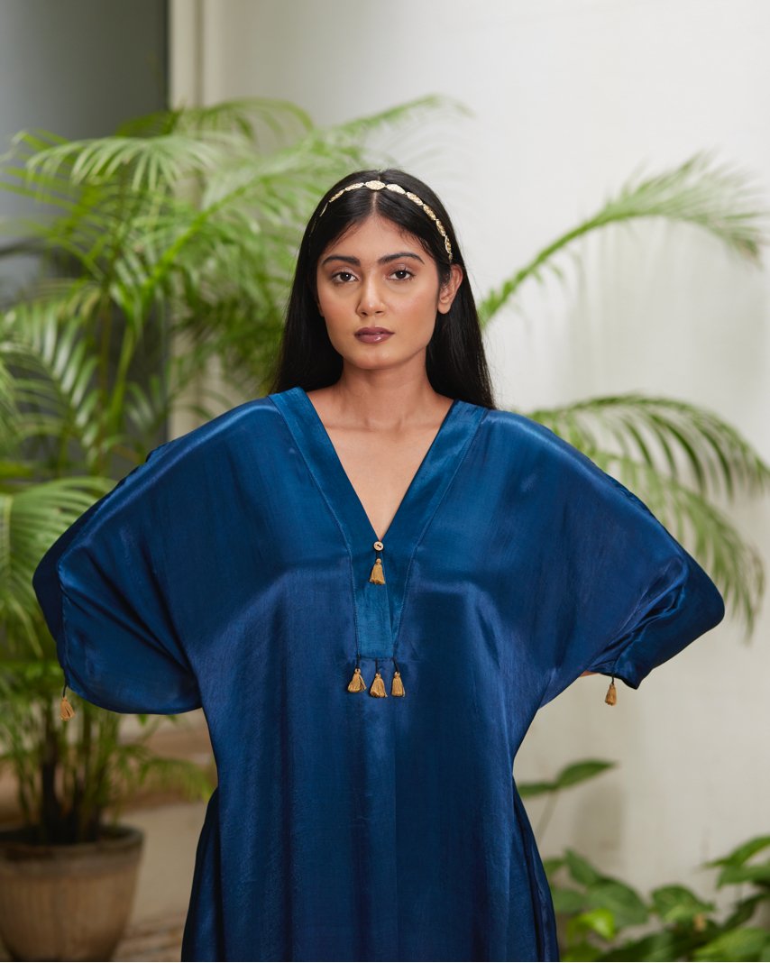Blue Silk Kaftan With Golden Border by Mayura Kumar with Ajrakh Heritage, Blue, Casual Wear, Dresses, Festive Wear, Kaftans, Mayura Kumar, Modal Silk, Relaxed Fit, Solids, Womenswear at Kamakhyaa for sustainable fashion