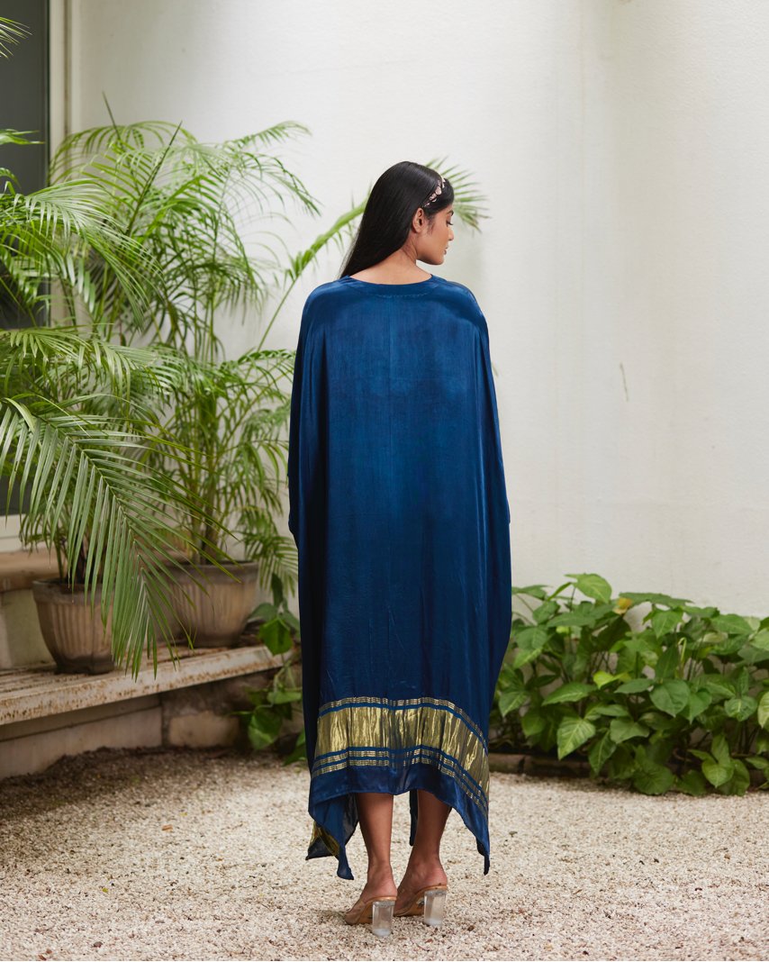 Blue Silk Kaftan With Golden Border by Mayura Kumar with Ajrakh Heritage, Blue, Casual Wear, Dresses, Festive Wear, Kaftans, Mayura Kumar, Modal Silk, Relaxed Fit, Solids, Womenswear at Kamakhyaa for sustainable fashion