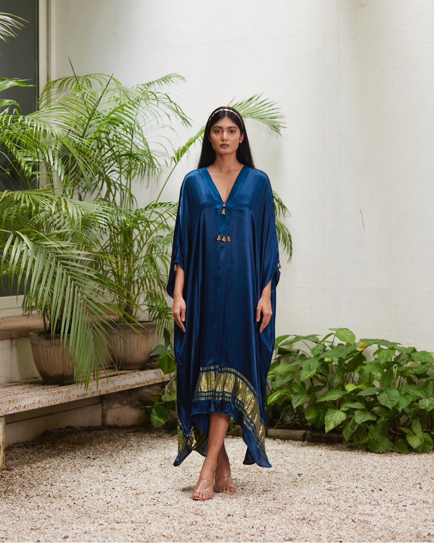 Blue Silk Kaftan With Golden Border by Mayura Kumar with Ajrakh Heritage, Blue, Casual Wear, Dresses, Festive Wear, Kaftans, Mayura Kumar, Modal Silk, Relaxed Fit, Solids, Womenswear at Kamakhyaa for sustainable fashion