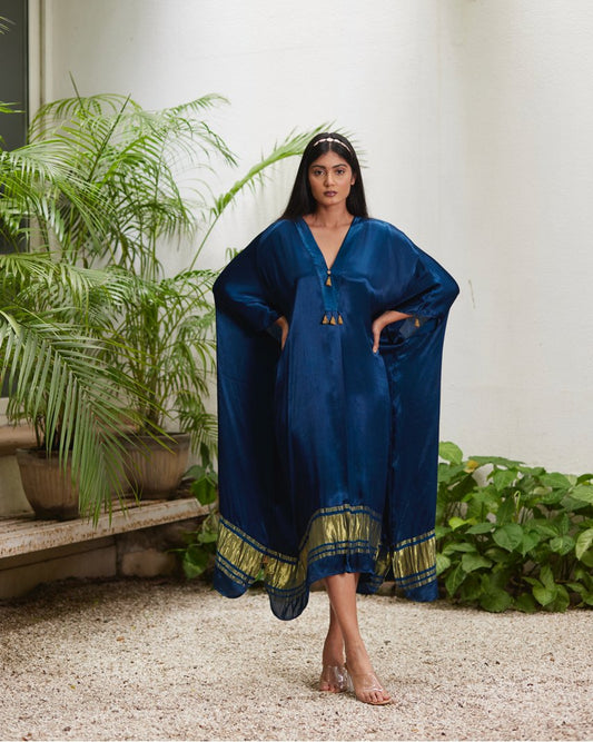 Blue Silk Kaftan With Golden Border by Mayura Kumar with Ajrakh Heritage, Blue, Casual Wear, Dresses, Festive Wear, Kaftans, Mayura Kumar, Modal Silk, Relaxed Fit, Solids, Womenswear at Kamakhyaa for sustainable fashion