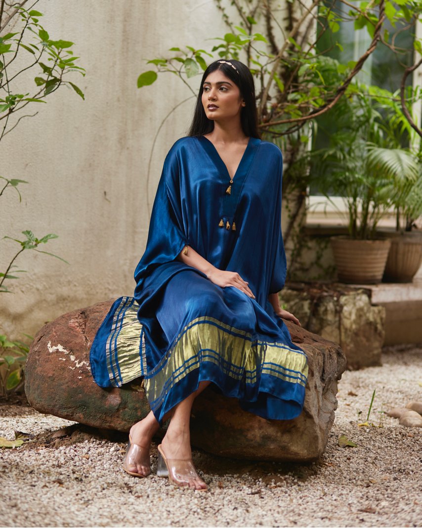 Blue Silk Kaftan With Golden Border by Mayura Kumar with Ajrakh Heritage, Blue, Casual Wear, Dresses, Festive Wear, Kaftans, Mayura Kumar, Modal Silk, Relaxed Fit, Solids, Womenswear at Kamakhyaa for sustainable fashion