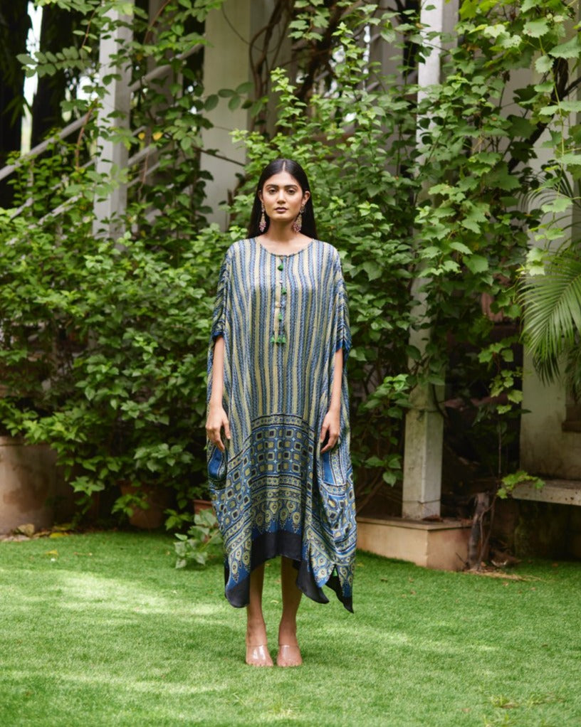 Blue Striped Silk Kaftan by Mayura Kumar with Ajrakh Heritage, Blue, Casual Wear, Dresses, Festive Wear, Kaftans, Mayura Kumar, Modal Silk, Prints, Relaxed Fit, Womenswear at Kamakhyaa for sustainable fashion