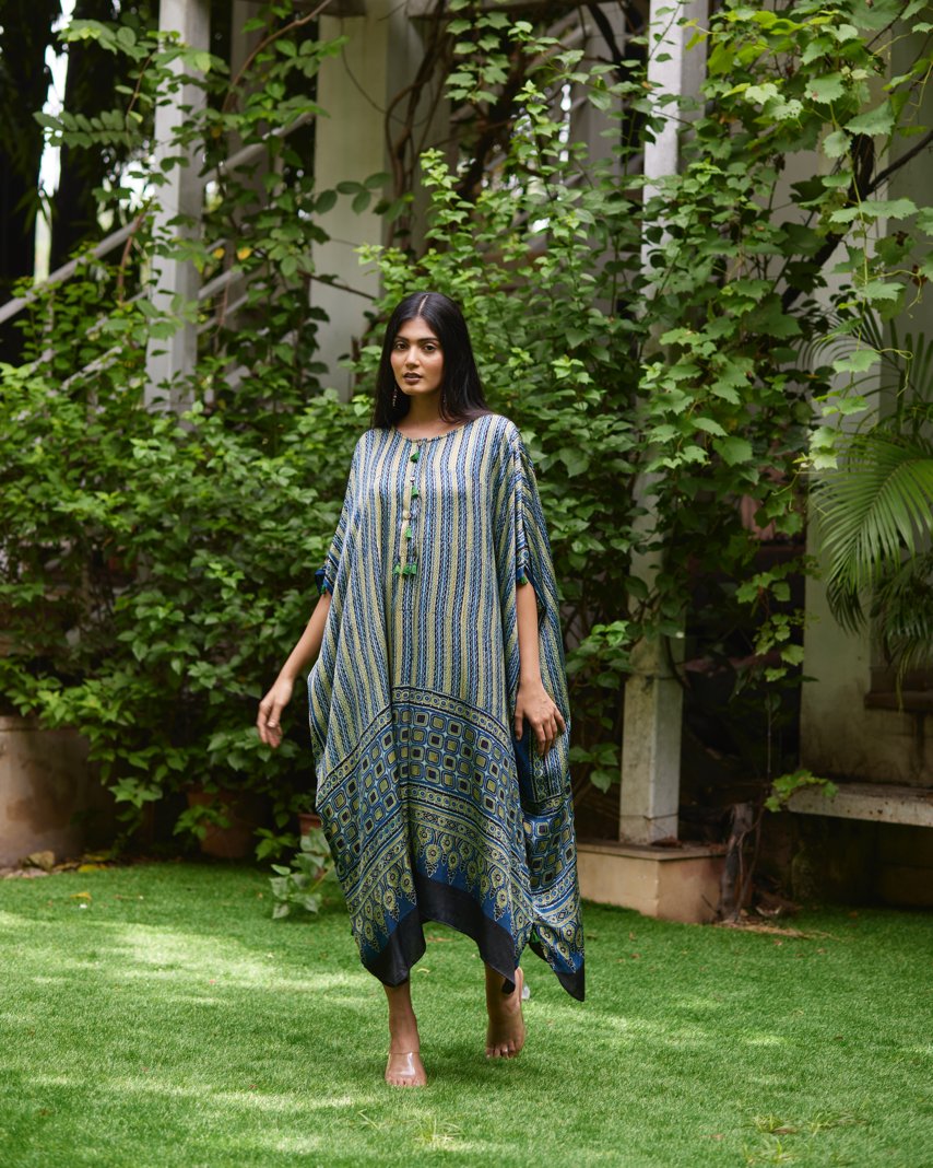 Blue Striped Silk Kaftan by Mayura Kumar with Ajrakh Heritage, Blue, Casual Wear, Dresses, Festive Wear, Kaftans, Mayura Kumar, Modal Silk, Prints, Relaxed Fit, Womenswear at Kamakhyaa for sustainable fashion