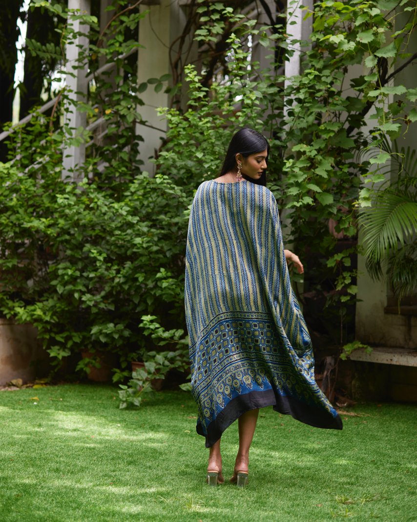 Blue Striped Silk Kaftan by Mayura Kumar with Ajrakh Heritage, Blue, Casual Wear, Dresses, Festive Wear, Kaftans, Mayura Kumar, Modal Silk, Prints, Relaxed Fit, Womenswear at Kamakhyaa for sustainable fashion