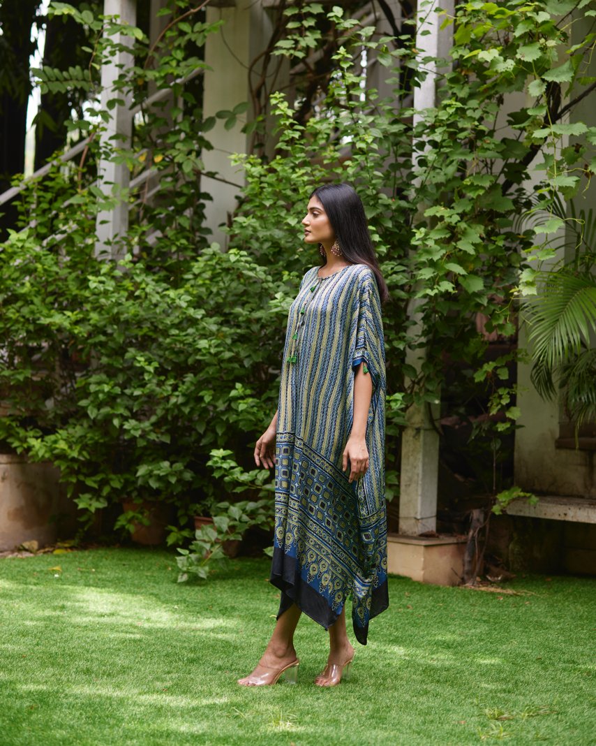 Blue Striped Silk Kaftan by Mayura Kumar with Ajrakh Heritage, Blue, Casual Wear, Dresses, Festive Wear, Kaftans, Mayura Kumar, Modal Silk, Prints, Relaxed Fit, Womenswear at Kamakhyaa for sustainable fashion