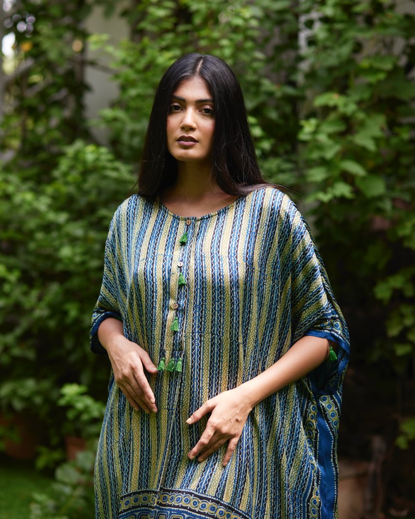 Blue Striped Silk Kaftan by Mayura Kumar with Ajrakh Heritage, Blue, Casual Wear, Dresses, Festive Wear, Kaftans, Mayura Kumar, Modal Silk, Prints, Relaxed Fit, Womenswear at Kamakhyaa for sustainable fashion