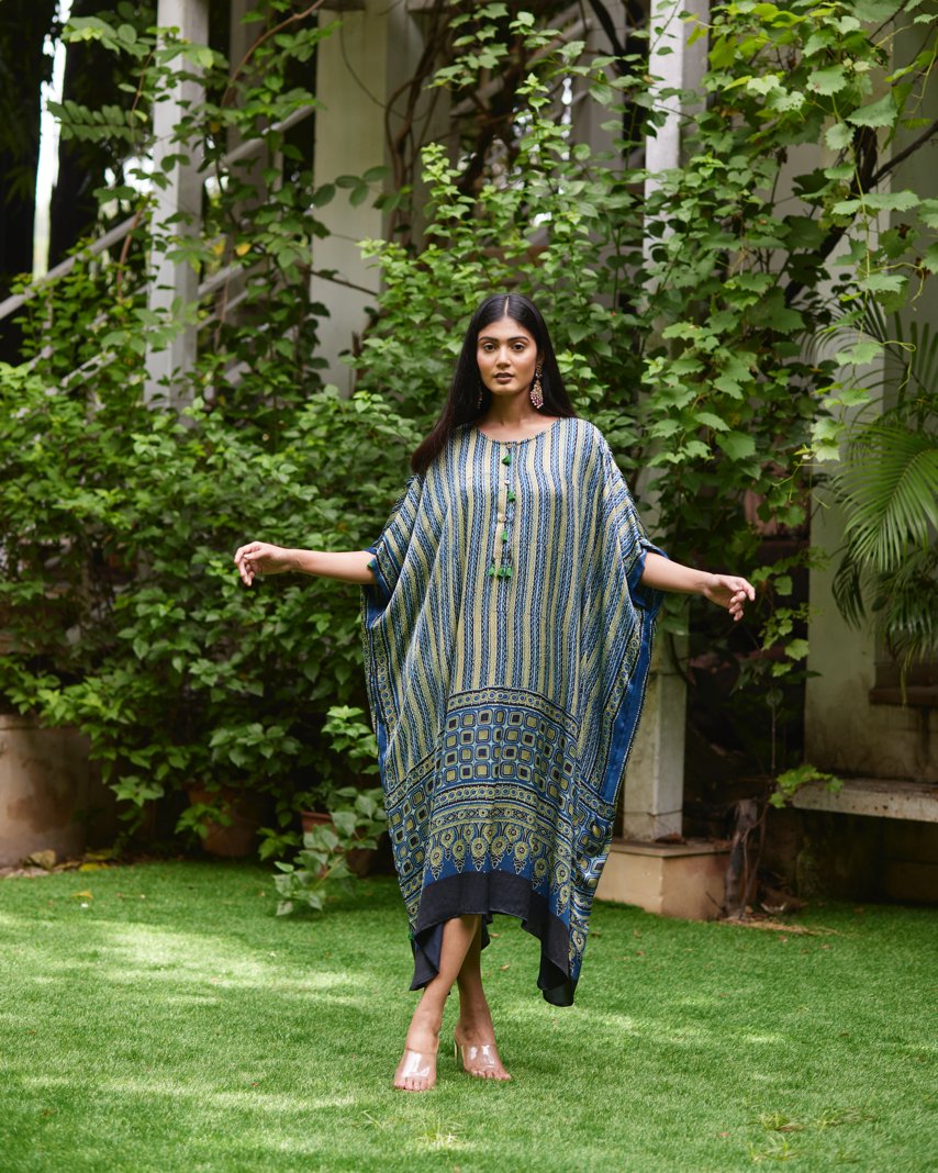 Blue Striped Silk Kaftan by Mayura Kumar with Ajrakh Heritage, Blue, Casual Wear, Dresses, Festive Wear, Kaftans, Mayura Kumar, Modal Silk, Prints, Relaxed Fit, Womenswear at Kamakhyaa for sustainable fashion