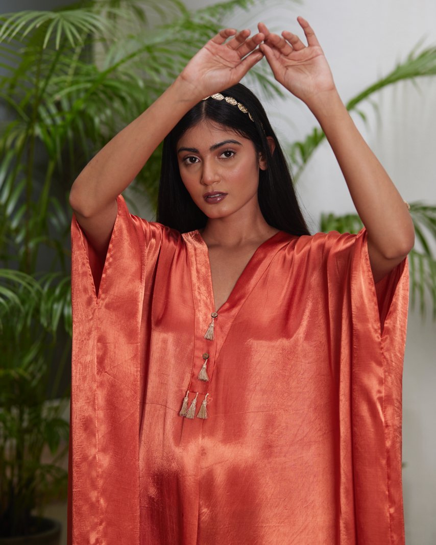 Orange Silk Kaftan With Golden Border by Mayura Kumar with Ajrakh Heritage, Casual Wear, Dresses, Festive Wear, Kaftans, Mayura Kumar, Modal Silk, Relaxed Fit, Solids, Womenswear at Kamakhyaa for sustainable fashion