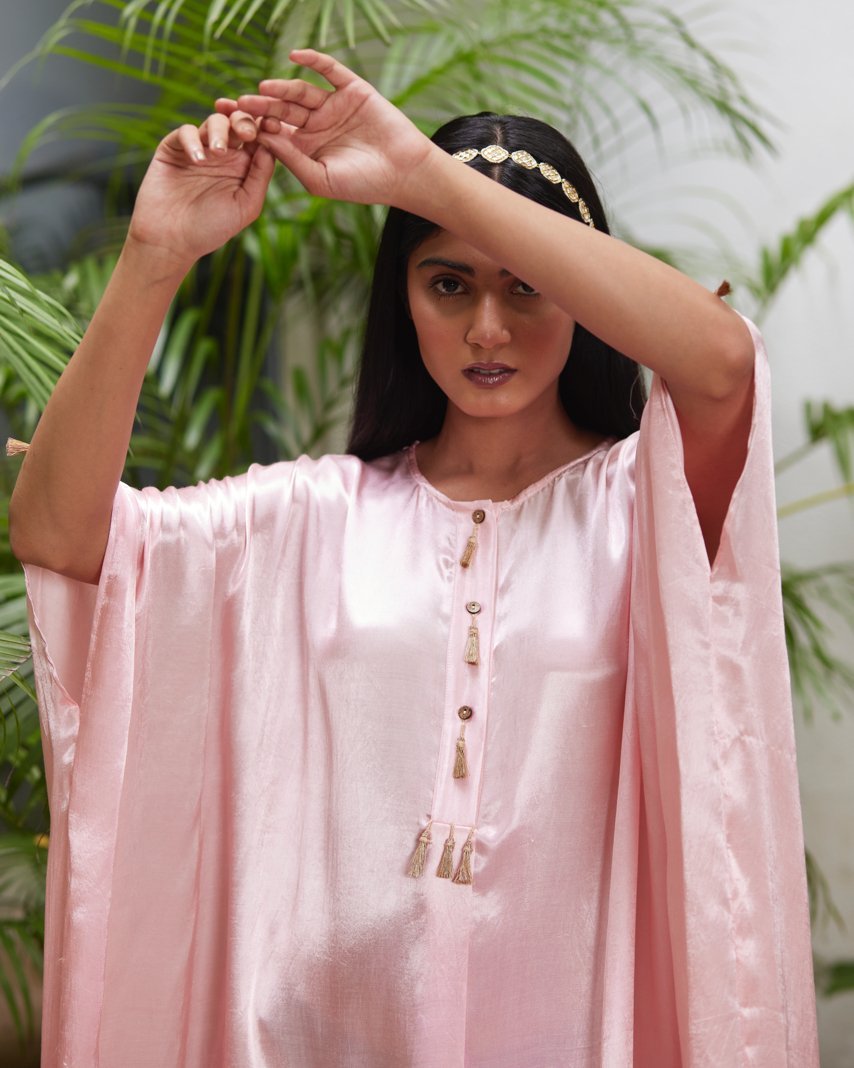 Pink Silk Kaftan With Golden Border by Mayura Kumar with Ajrakh Heritage, Casual Wear, Dresses, Festive Wear, Kaftans, Mayura Kumar, Modal Silk, Relaxed Fit, Solids, Womenswear at Kamakhyaa for sustainable fashion