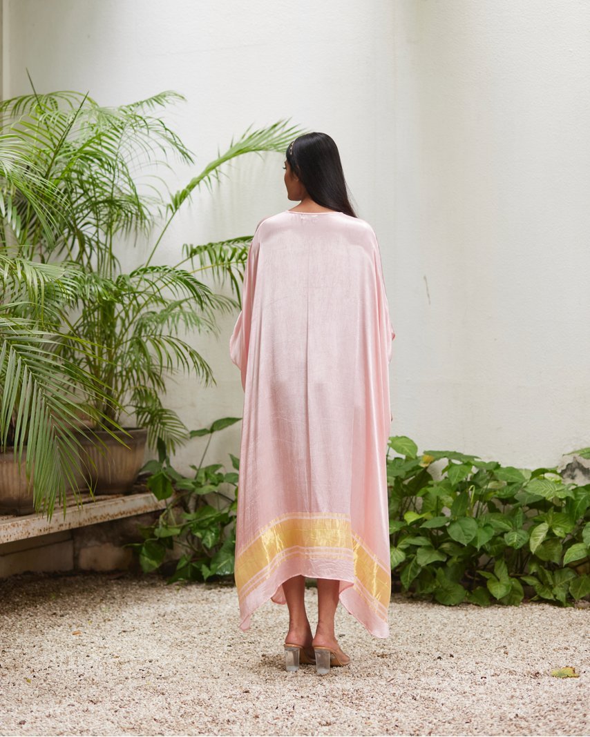 Pink Silk Kaftan With Golden Border by Mayura Kumar with Ajrakh Heritage, Casual Wear, Dresses, Festive Wear, Kaftans, Mayura Kumar, Modal Silk, Relaxed Fit, Solids, Womenswear at Kamakhyaa for sustainable fashion