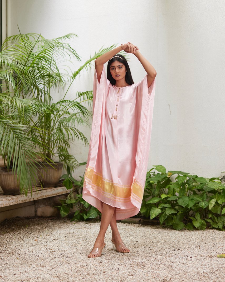 Pink Silk Kaftan With Golden Border by Mayura Kumar with Ajrakh Heritage, Casual Wear, Dresses, Festive Wear, Kaftans, Mayura Kumar, Modal Silk, Relaxed Fit, Solids, Womenswear at Kamakhyaa for sustainable fashion