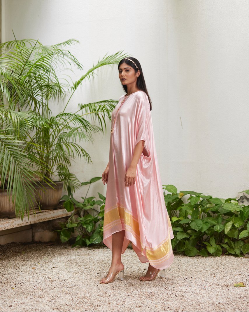 Pink Silk Kaftan With Golden Border by Mayura Kumar with Ajrakh Heritage, Casual Wear, Dresses, Festive Wear, Kaftans, Mayura Kumar, Modal Silk, Relaxed Fit, Solids, Womenswear at Kamakhyaa for sustainable fashion