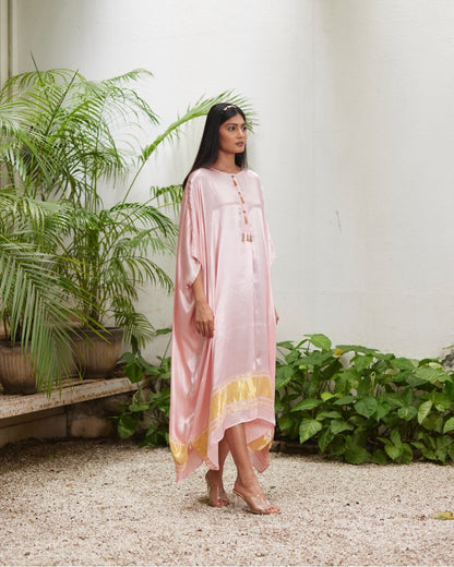 Pink Silk Kaftan With Golden Border by Mayura Kumar with Ajrakh Heritage, Casual Wear, Dresses, Festive Wear, Kaftans, Mayura Kumar, Modal Silk, Relaxed Fit, Solids, Womenswear at Kamakhyaa for sustainable fashion