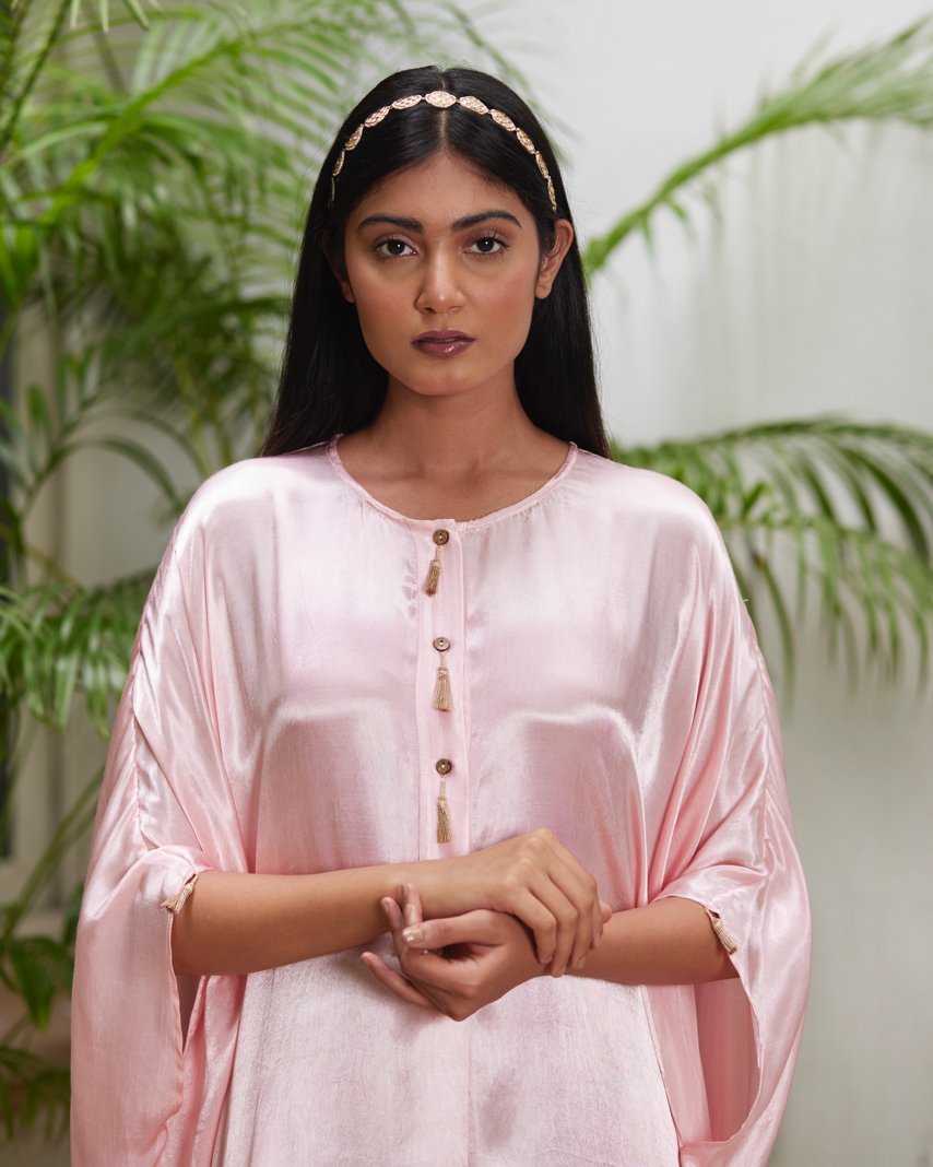 Pink Silk Kaftan With Golden Border by Mayura Kumar with Ajrakh Heritage, Casual Wear, Dresses, Festive Wear, Kaftans, Mayura Kumar, Modal Silk, Relaxed Fit, Solids, Womenswear at Kamakhyaa for sustainable fashion