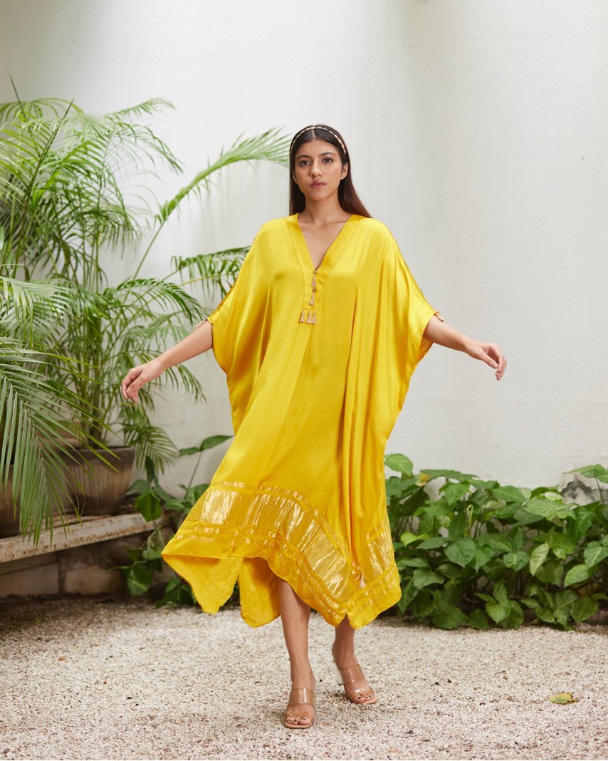 Yellow Silk Kaftan With Golden Border by Mayura Kumar with Ajrakh Heritage, Casual Wear, Dresses, Festive Wear, Kaftans, Mayura Kumar, Modal Silk, Relaxed Fit, Solids, Womenswear, Yellow at Kamakhyaa for sustainable fashion