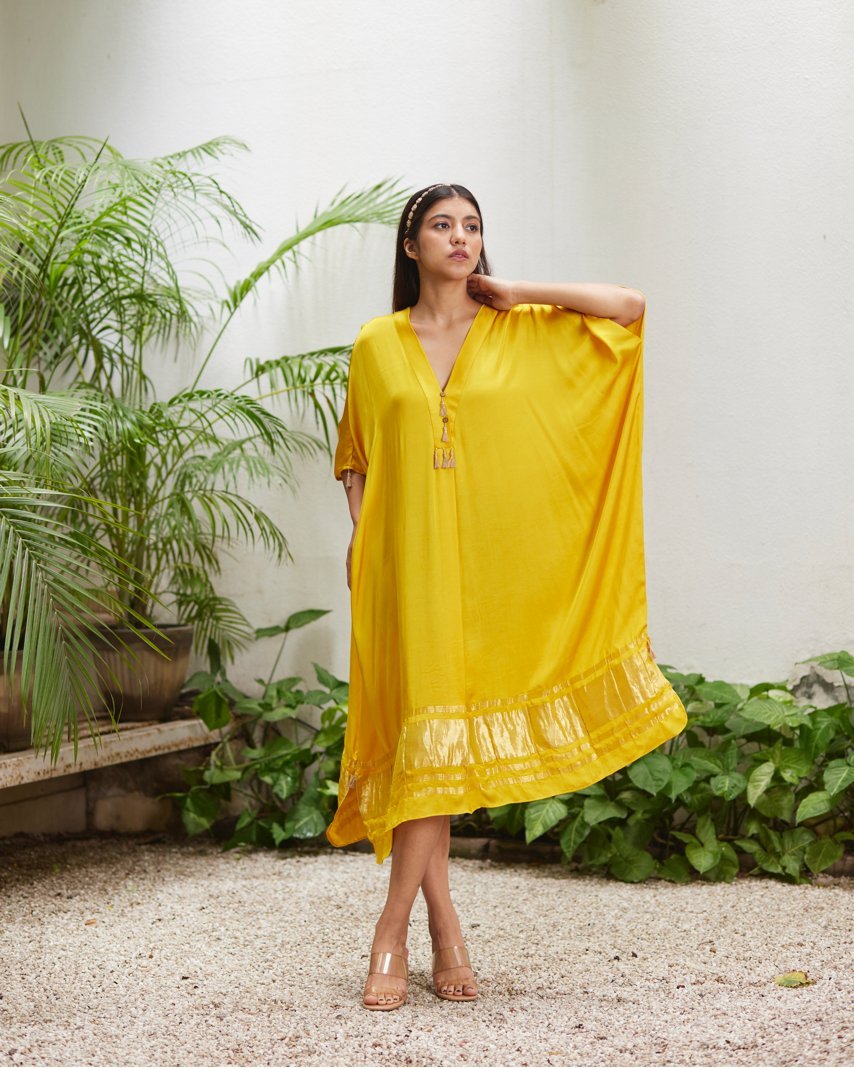 Yellow Silk Kaftan With Golden Border by Mayura Kumar with Ajrakh Heritage, Casual Wear, Dresses, Festive Wear, Kaftans, Mayura Kumar, Modal Silk, Relaxed Fit, Solids, Womenswear, Yellow at Kamakhyaa for sustainable fashion