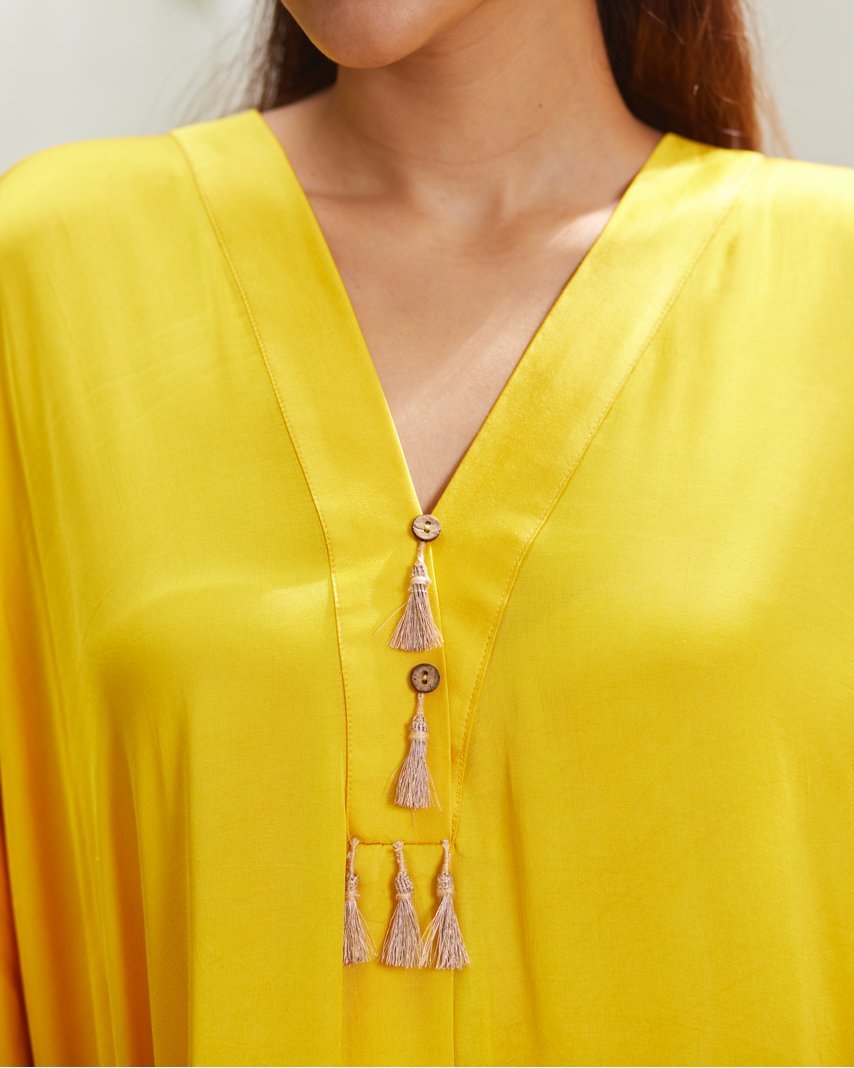 Yellow Silk Kaftan With Golden Border by Mayura Kumar with Ajrakh Heritage, Casual Wear, Dresses, Festive Wear, Kaftans, Mayura Kumar, Modal Silk, Relaxed Fit, Solids, Womenswear, Yellow at Kamakhyaa for sustainable fashion