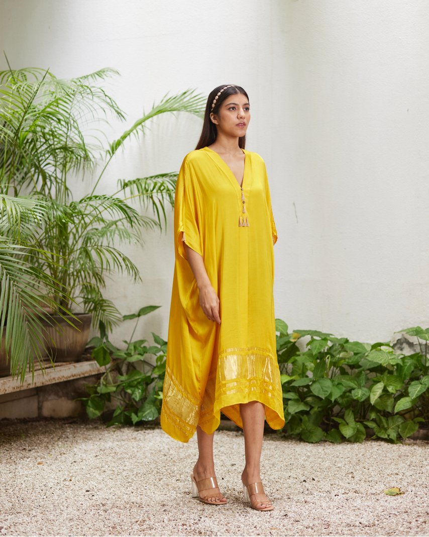 Yellow Silk Kaftan With Golden Border by Mayura Kumar with Ajrakh Heritage, Casual Wear, Dresses, Festive Wear, Kaftans, Mayura Kumar, Modal Silk, Relaxed Fit, Solids, Womenswear, Yellow at Kamakhyaa for sustainable fashion