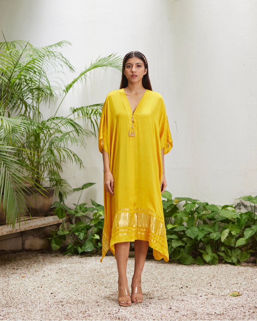 Yellow Silk Kaftan With Golden Border by Mayura Kumar with Ajrakh Heritage, Casual Wear, Dresses, Festive Wear, Kaftans, Mayura Kumar, Modal Silk, Relaxed Fit, Solids, Womenswear, Yellow at Kamakhyaa for sustainable fashion