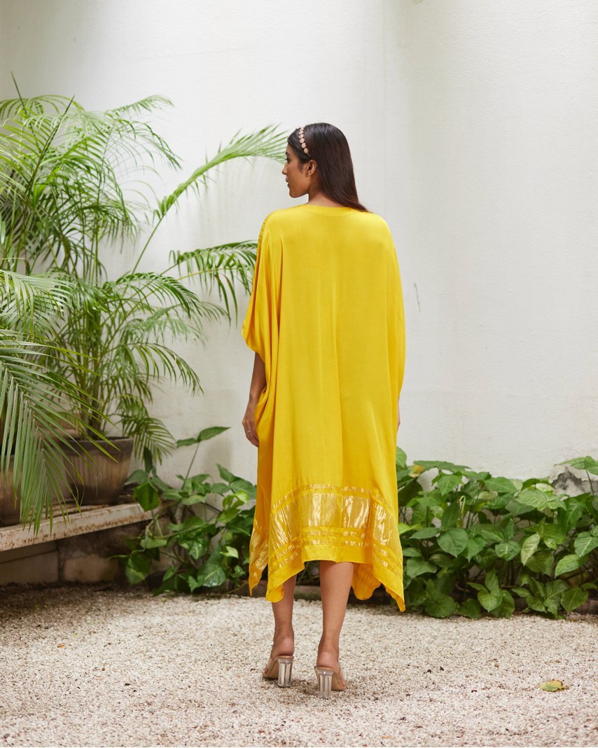 Yellow Silk Kaftan With Golden Border by Mayura Kumar with Ajrakh Heritage, Casual Wear, Dresses, Festive Wear, Kaftans, Mayura Kumar, Modal Silk, Relaxed Fit, Solids, Womenswear, Yellow at Kamakhyaa for sustainable fashion