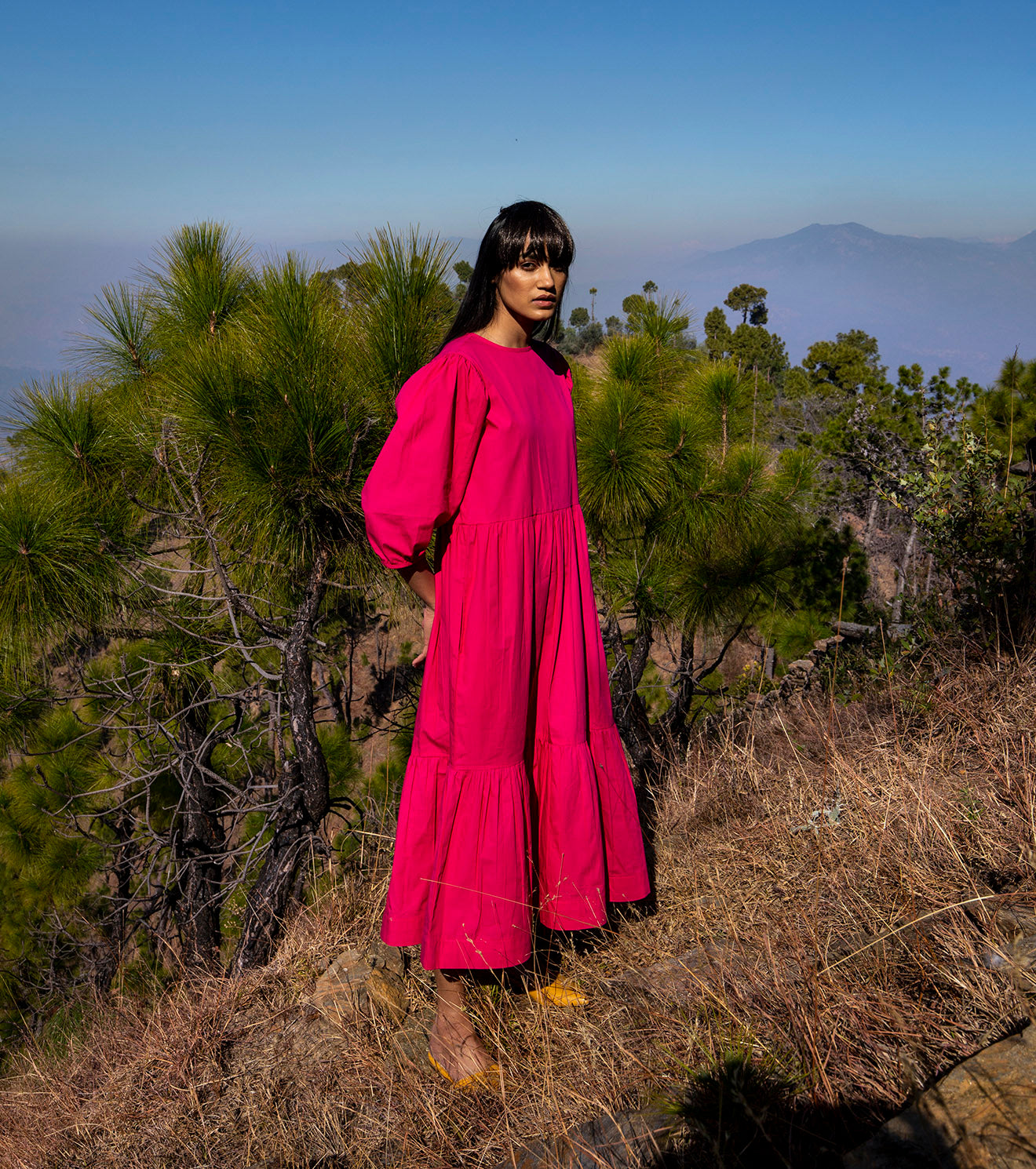 Hot Pink Midi Dress Dresses Natural, Pink, Regular Fit, Solids, Tiered Dresses, Wilderness Khara Kapas Kamakhyaa