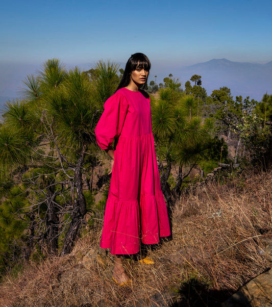 Hot Pink Midi Dress by Khara Kapas with FB ADS JUNE, Midi Dresses, Natural, Pink, Poplin, Regular Fit, Solids, Tiered Dresses, Wilderness, Wilderness by Khara Kapas, Womenswear at Kamakhyaa for sustainable fashion