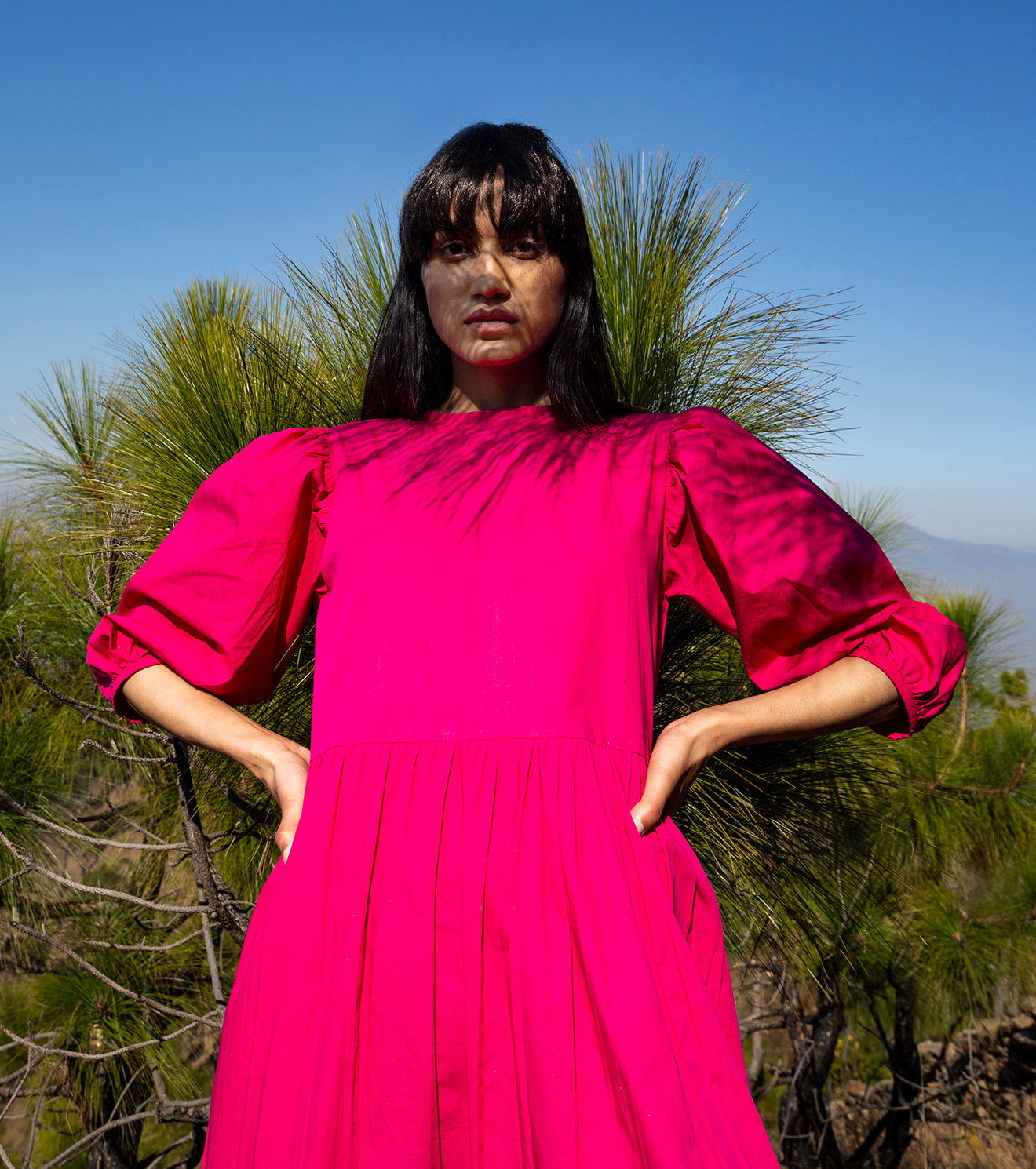 Hot Pink Midi Dress by Khara Kapas with FB ADS JUNE, Midi Dresses, Natural, Pink, Poplin, Regular Fit, Solids, Tiered Dresses, Wilderness, Wilderness by Khara Kapas, Womenswear at Kamakhyaa for sustainable fashion