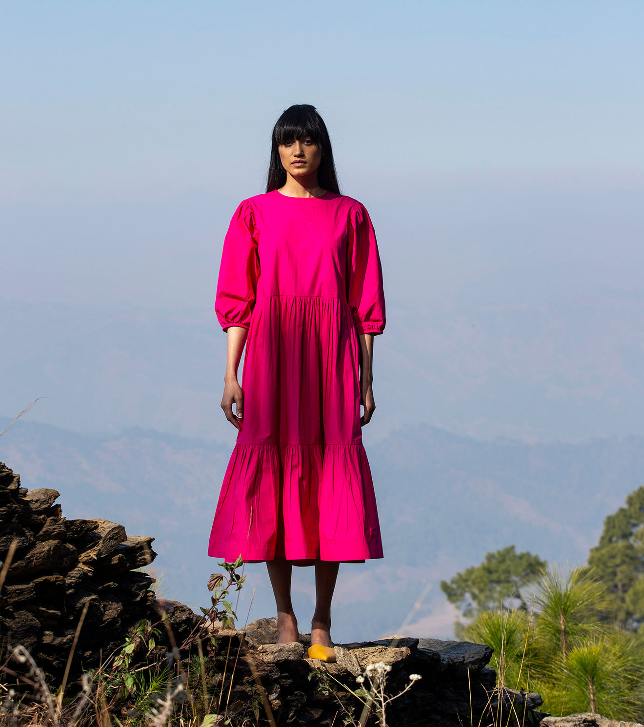 Hot Pink Midi Dress Dresses Natural, Pink, Regular Fit, Solids, Tiered Dresses, Wilderness Khara Kapas Kamakhyaa